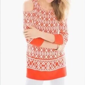 Chico's Traveler's Orange & White Cold Shoulder Tunic
